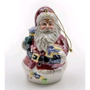 Vintage Iridescent Glazed Ceramic Santa with Presents Christmas Ornament